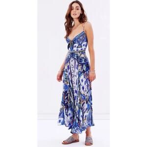 CAMILLA LONG DDRESS WITH TIE FRONT BLUE PROVICIAL PRINT 100% SILK CRYSTAL SZ 8